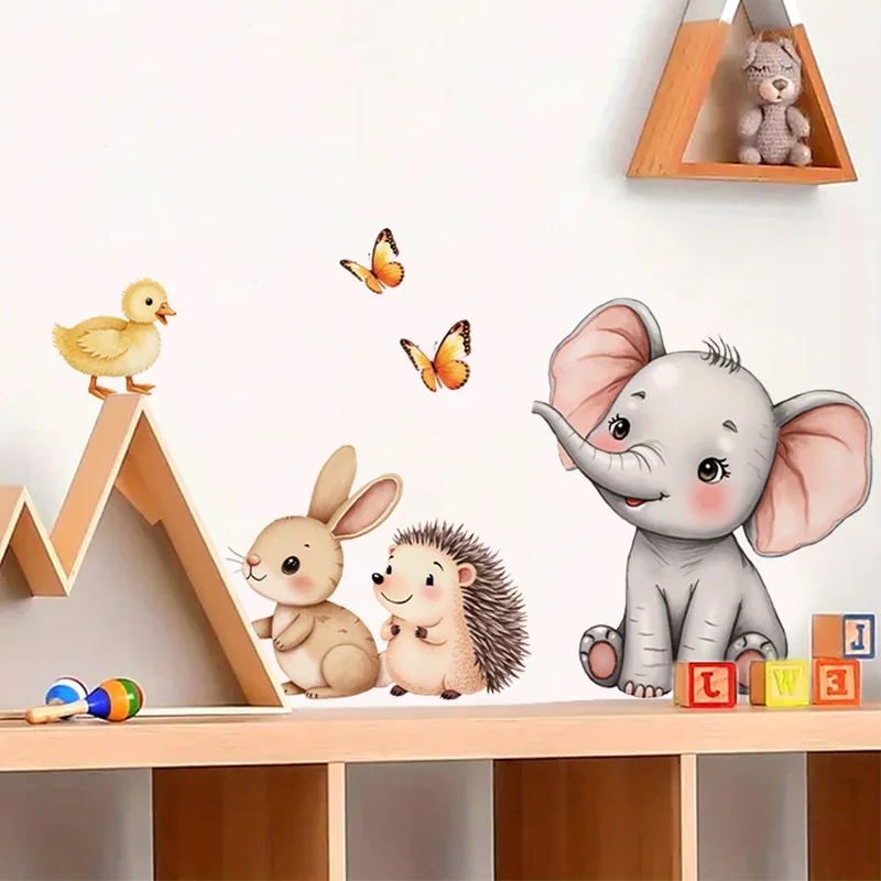 ملصق حائط على شكل حيوانات كرتونية - ملصق حضانة على شكل أرنب الفيل على شكل قنفذ، ديكور غرفة الأطفال قابل للإزالة، غرفة اللعب، جدار الفن المنزلي