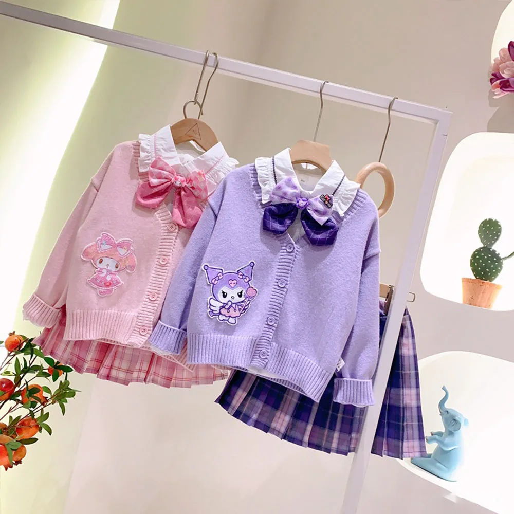 Cinnamoroll Children's Shirt Pleated Skirt Cardigan Sweater Anime Kuromi Sanrios Jk Girl Korean Style Kawaii College Style Set