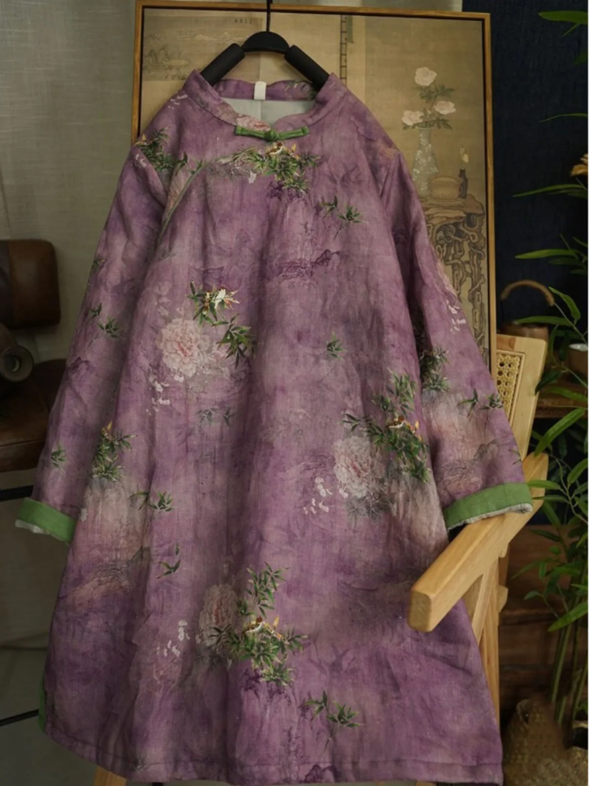 

Новое китайское хлопково-льняное женское джато средней длины с цветочным принтом и открытым разрезом в стиле ретро, зимнее пальто на пуговицах в стиле дзен