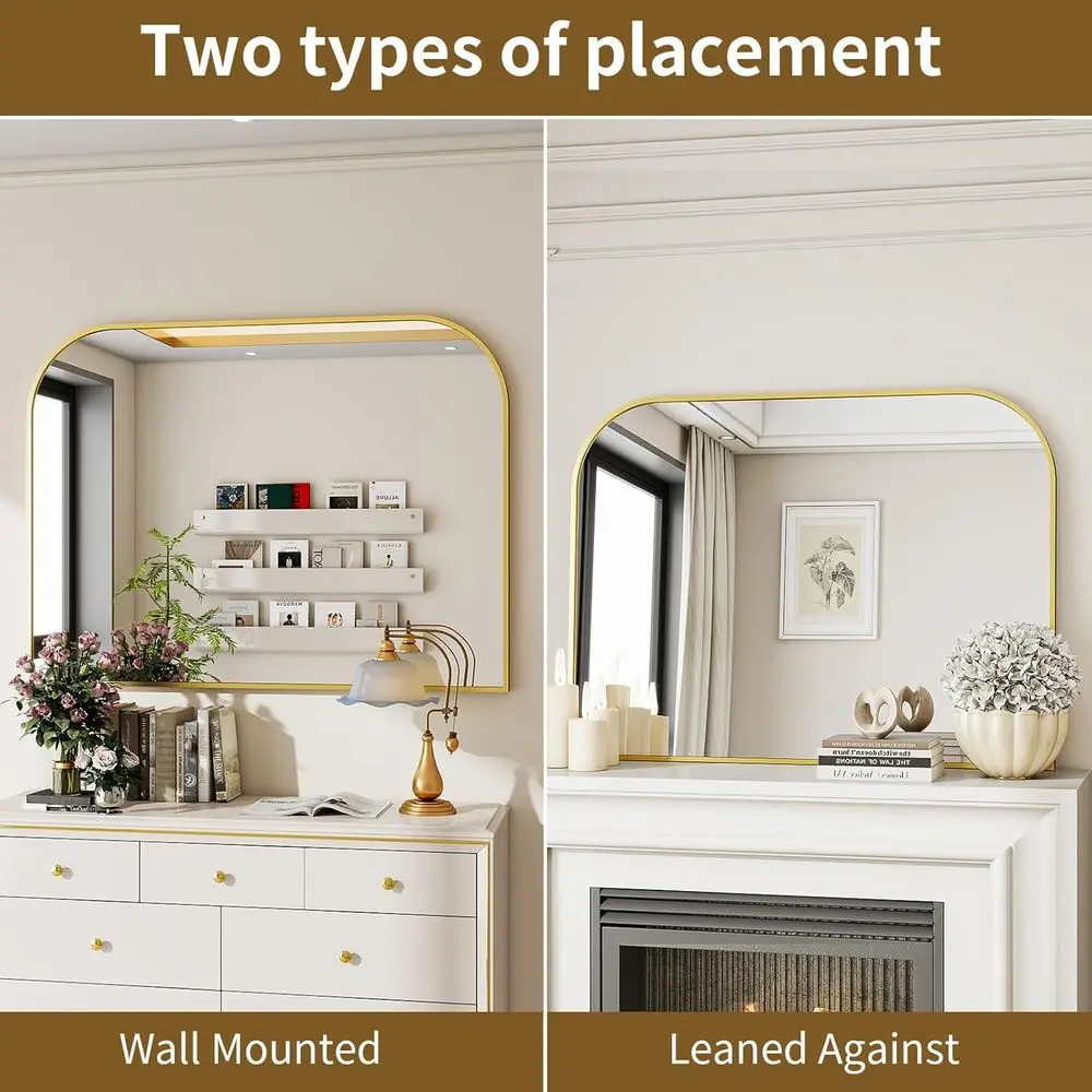 Espelho de banheiro superior curvo 38x30 com moldura larga, moldura de alumínio, adequado para sala de estar, quarto e entrada