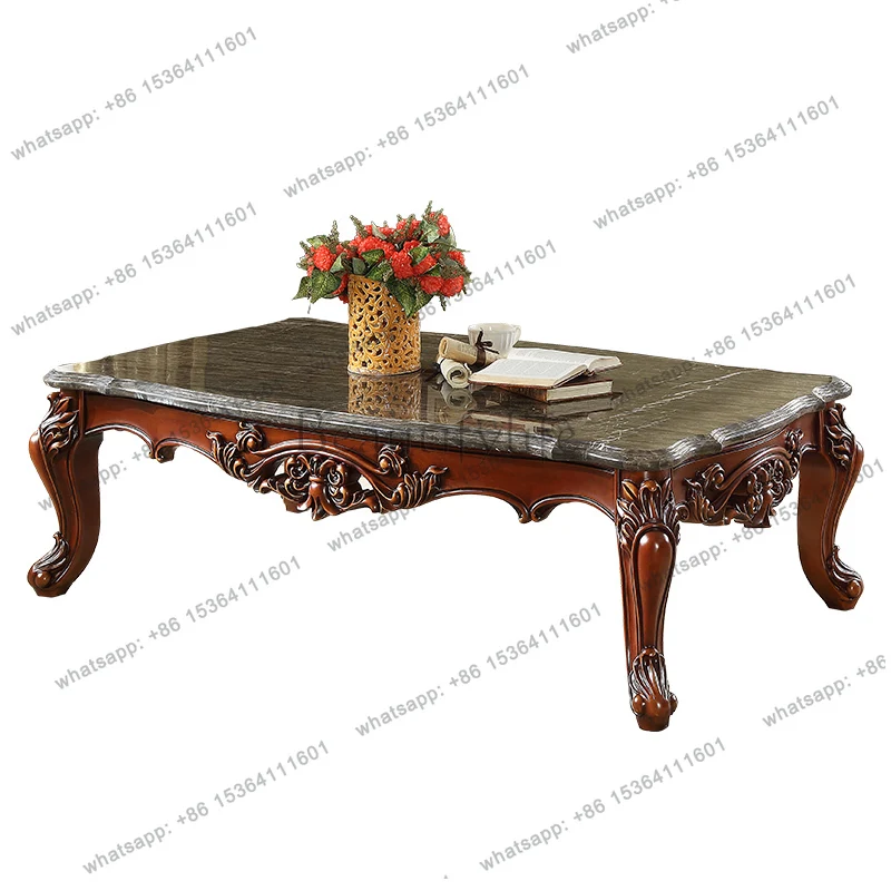 

European pure solid wood coffee table carved natural marble retro corner table