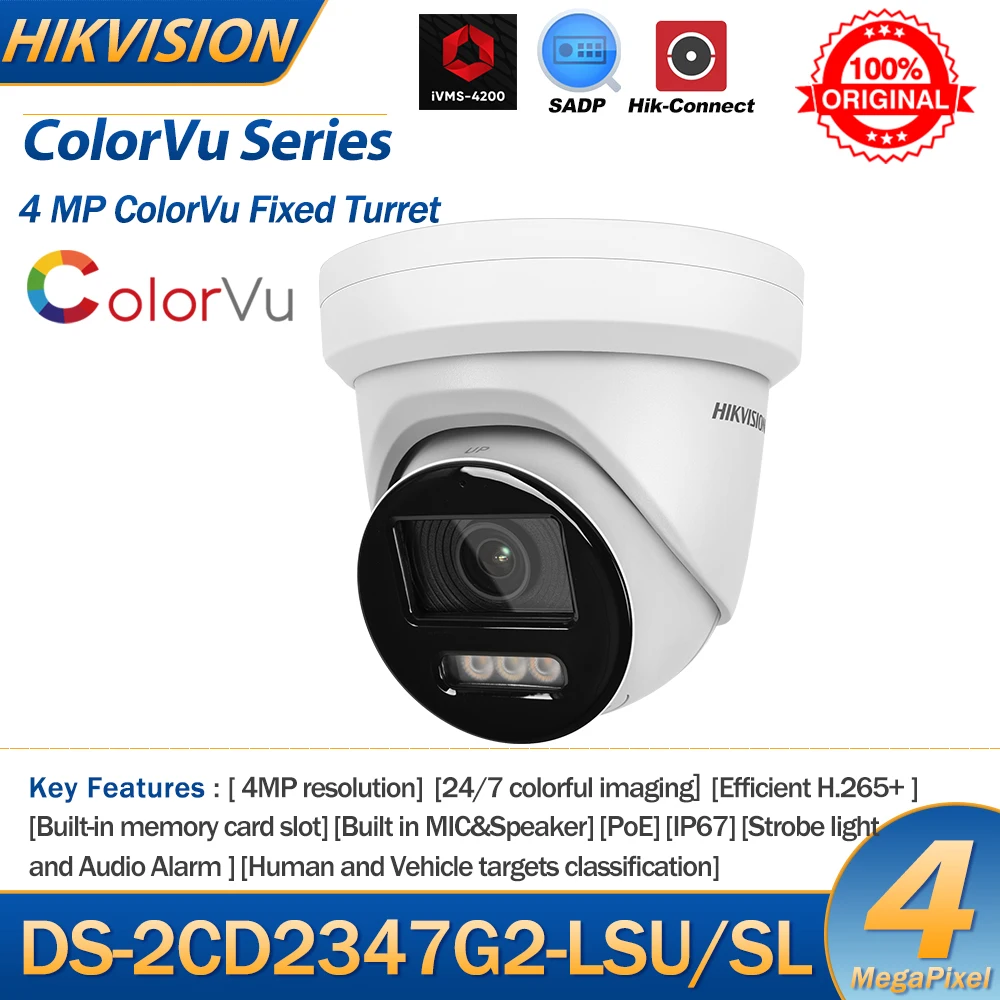 Hikvision 4MP IP Camera DS-2CD2347G2-LSU/SL POE ColorVu Strobe Light and Audible Warning Two-way Audio Surveillance Cameras