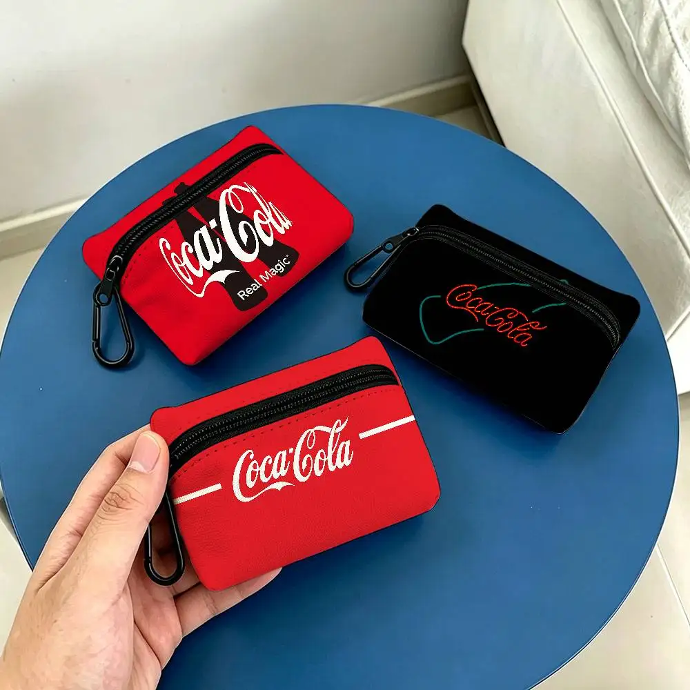 C-Coca-C-Cola White Oxford Cloth Zipper Coin Purse Lightweight Hanging Key Pouch Card Holder For Daily Use
