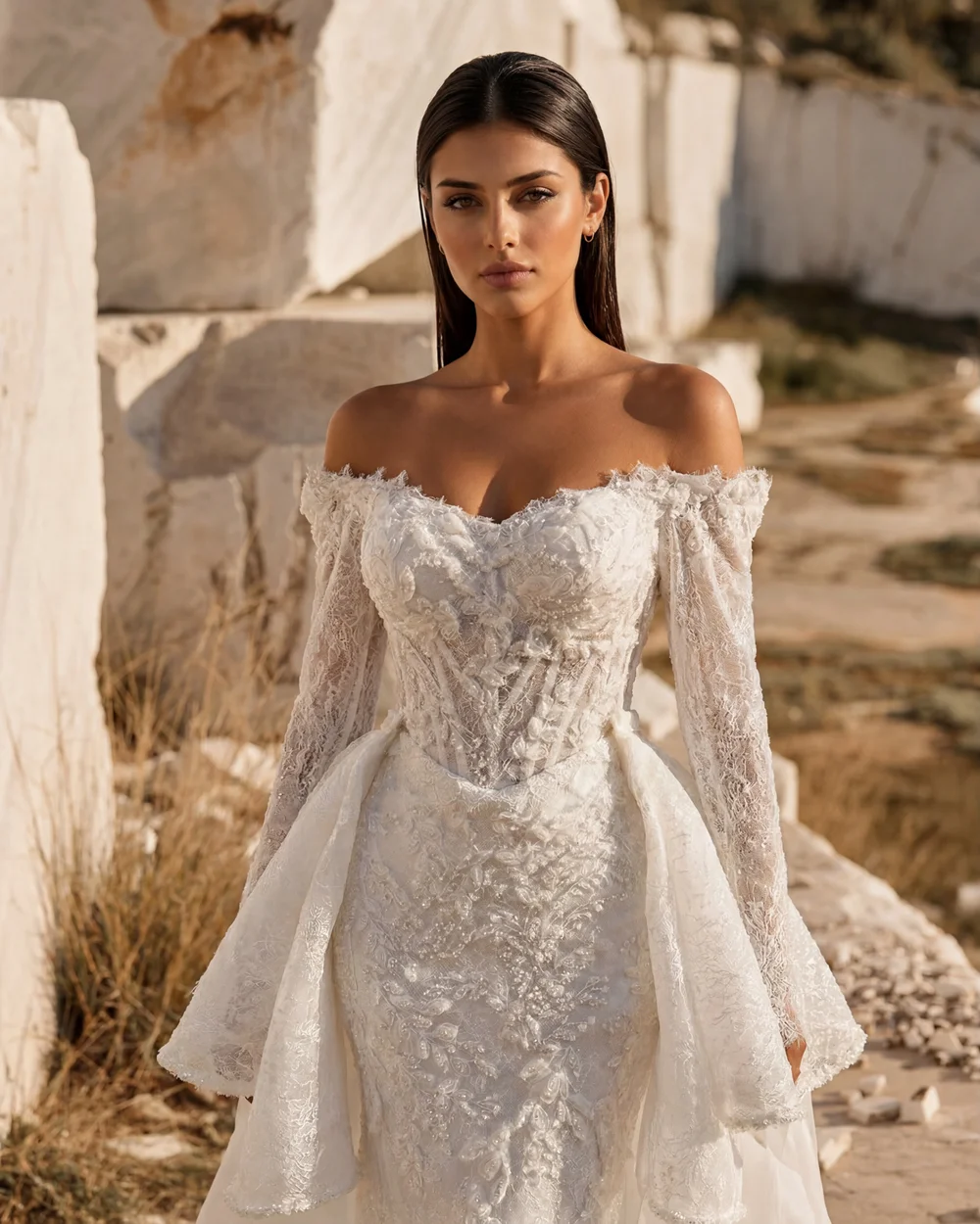 Maßgeschneidertes schulterfreies Spitzen-Brautkleid mit abnehmbarer Schleppe, rückenfrei, Applikationen, Hochzeitskleider 2026 Vestido De Noiva – Detail 8