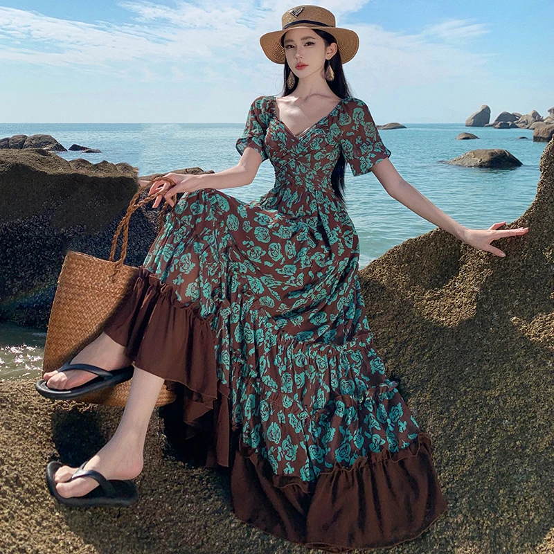 Beach Vaion Stampa floreale Lunga Dr Gonna etnica a vita alta da donna in fibra di poliestere Abito V-ne H-pe