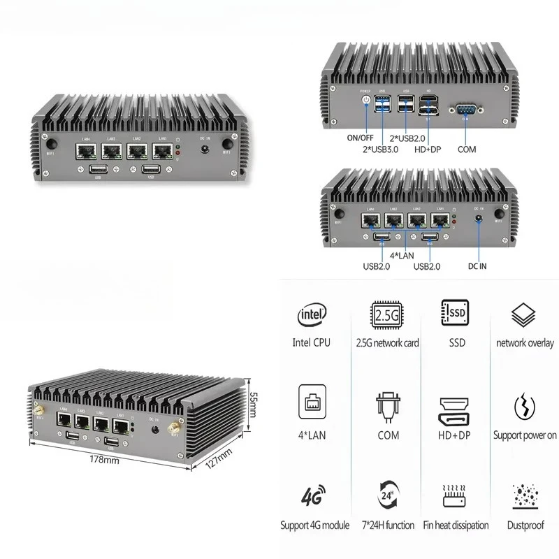 YINGCHI New N100 Soft Router Network Gateway Micro Firewall Appliance 4 In-tel 2.5G NIC Ports Fanless Mini Desktop PC
