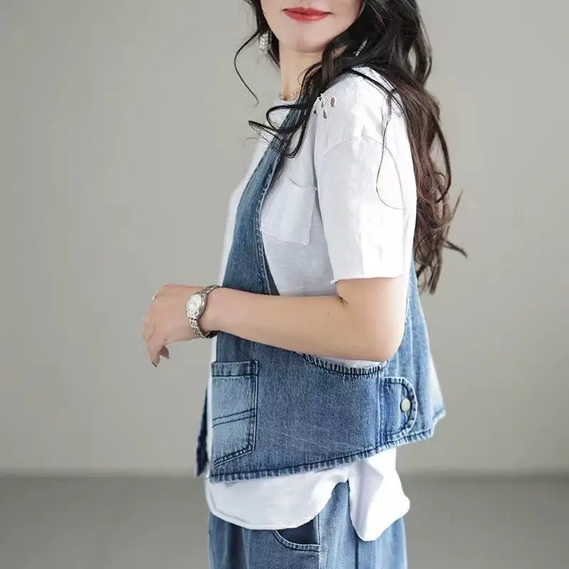 Women Vest Waistcot Vintage Denim Vest V-neck Streetwear Women Clothes Tops Sleeveless Jackets Cardigans Blue Black Tank New