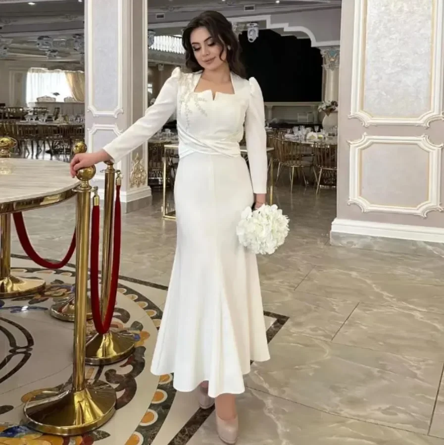 Elegant Square Neck Long Sleeves  Evening Dress Satin White Mermaid Party Prom Gowns Ankle Length Customed Formal Occassion Wear