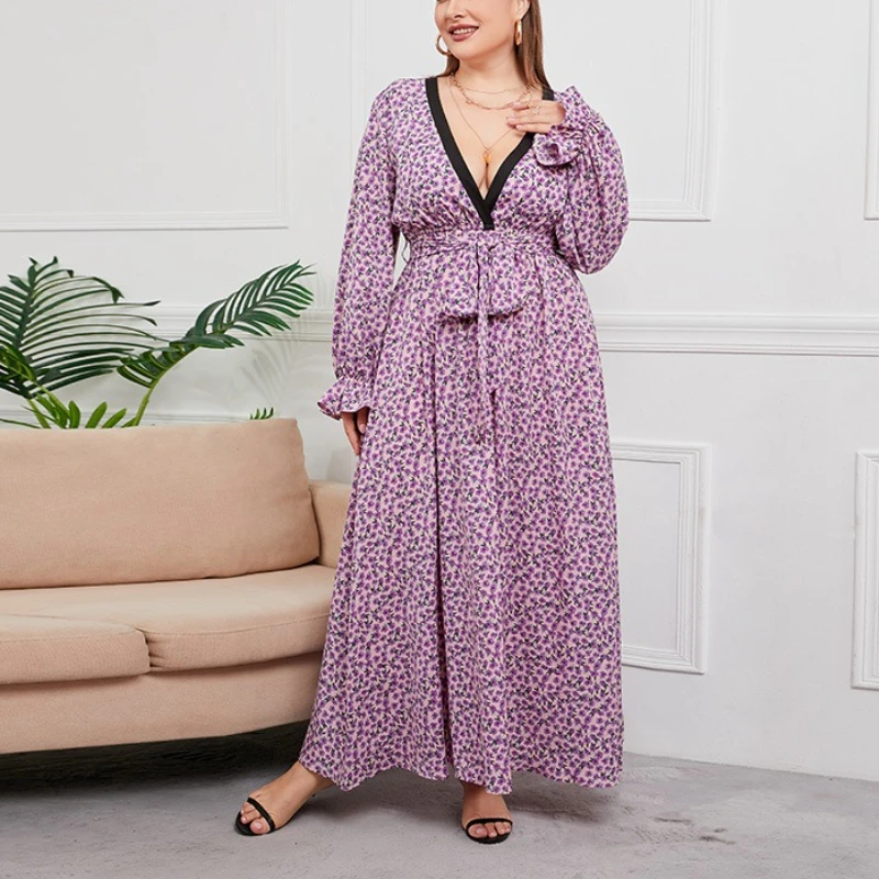 

Tinaa Chiffon Deep V-neck Plus Size Dresses 2025 Spring Autumn Sexy Party Print Long Sleeve High-waist Midi Dress with Belt