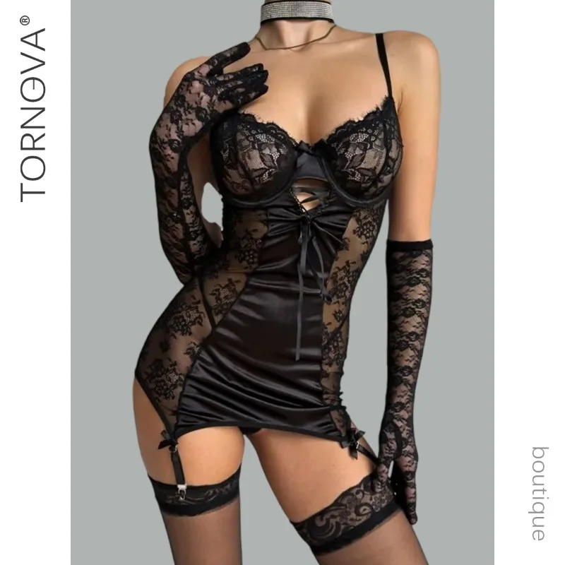 

Tornova Erotic Sleeping Skirt with Panty 2PCS Sexy Straps Body Shaping Patchwork See-through Seductive Delicate Hot Pajamas Set