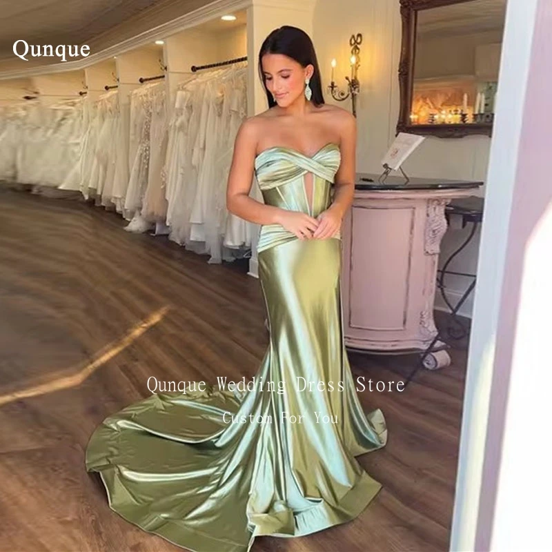 

Qunque Sage Green Modern Evening Dresses Satin Strapless Mermaid Prom Dresses Customized Long Train Sexy Leg Slit Party Dress