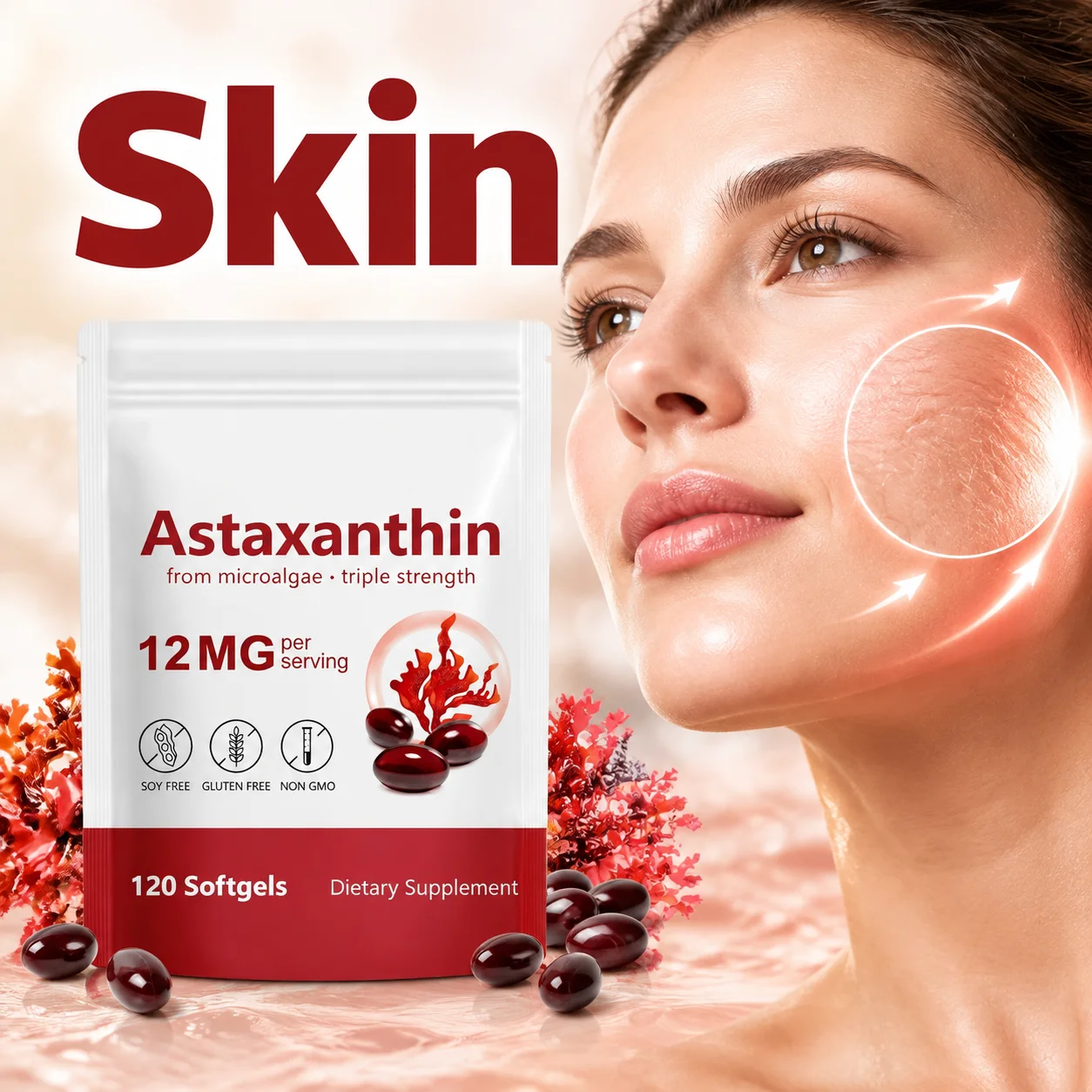 Astaxanthin Supplement Softgels Antioxidant for Skin Promotes Collagen Production with 12mg Microalgae with Health Aging 120pcs