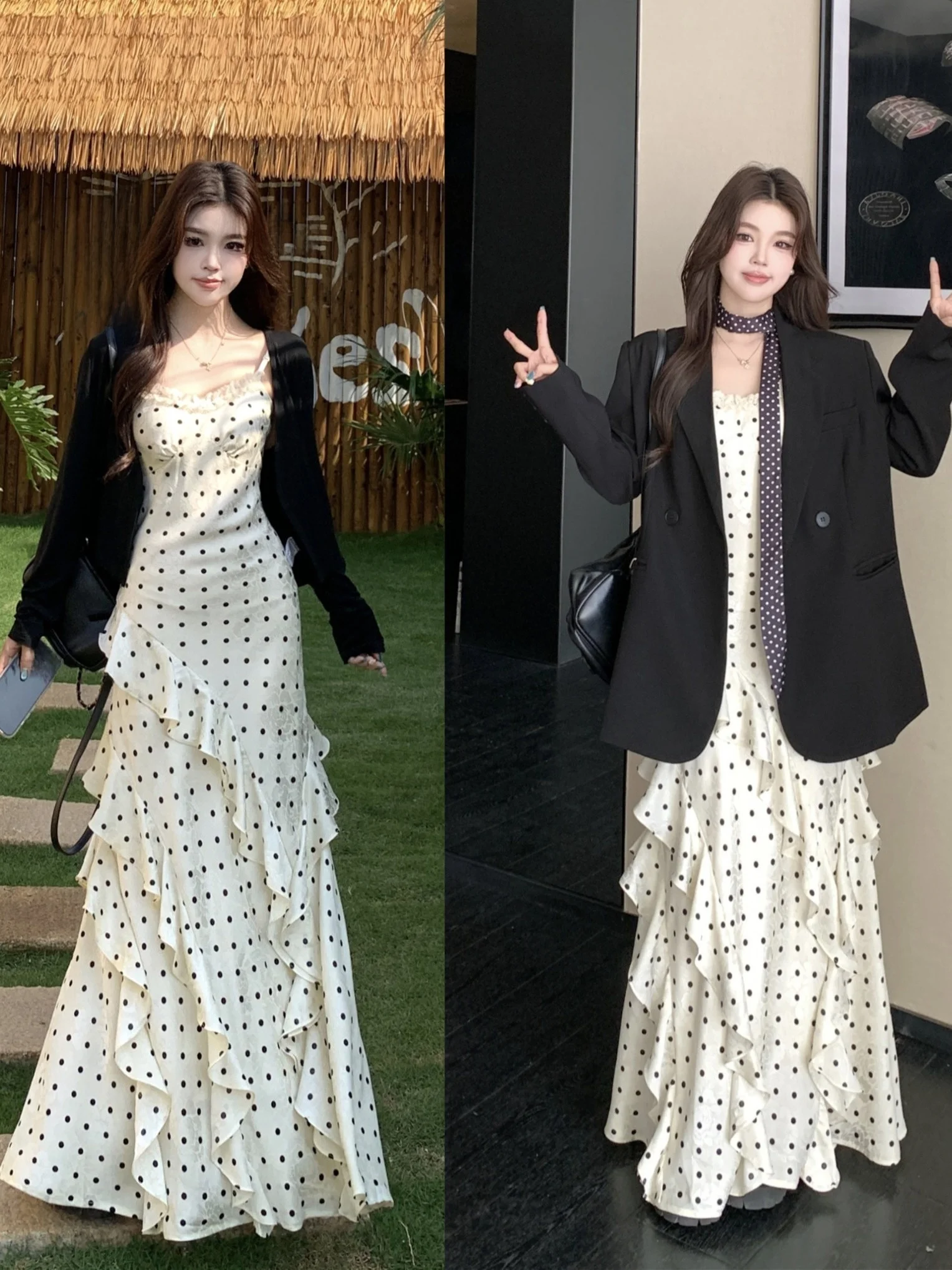 

Elegant plus Size Women's Spring Outfit Polka Dot Dress Slimming Black Knitted Cardigan Two-Piece Set Fashionable Commute Style