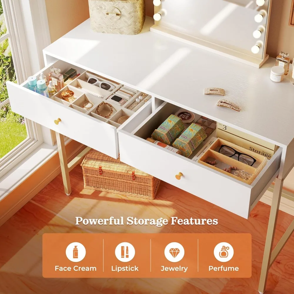 Modern White and Gold Vanity Desk with 2 Drawers, Compact Makeup Desk, Home Office Writing Desk for Small Spaces