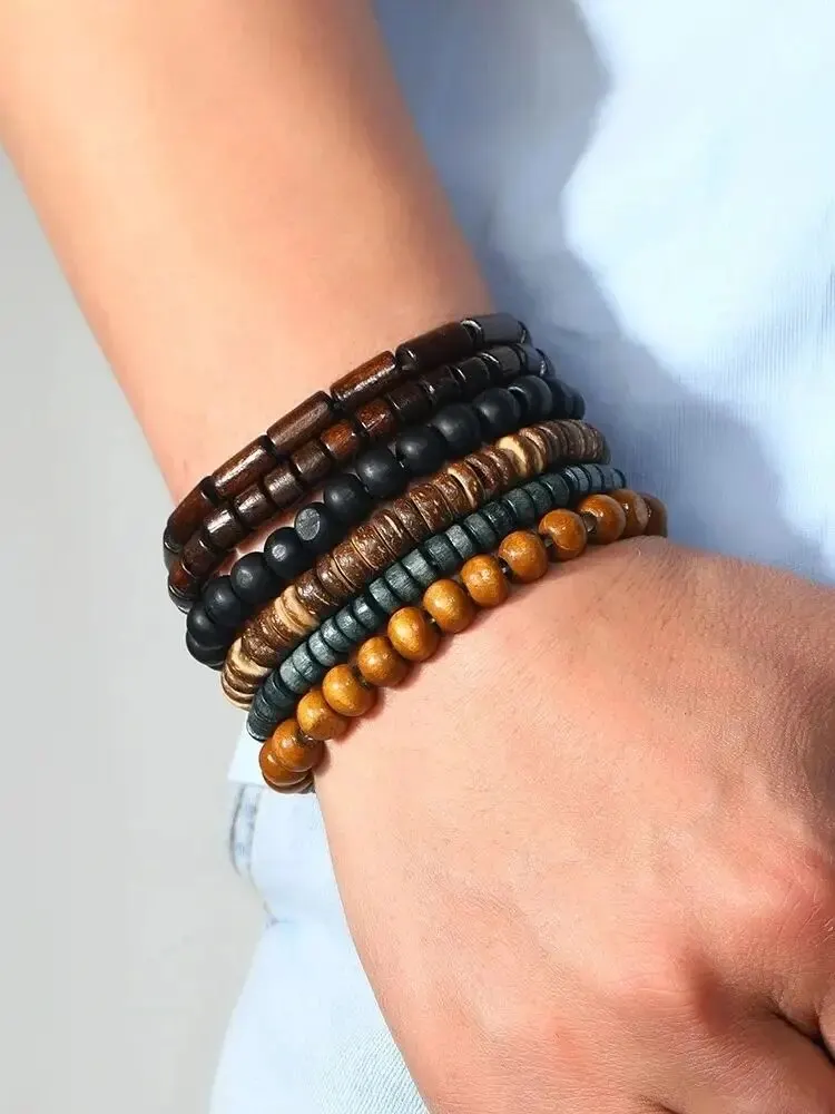 6/4PCS 3Style PU Wodeen Pleciona skórzana bransoletka dla mężczyzn Vintage Life Wood Beads Fashion Męska opaska na ramię — zdjęcie 2