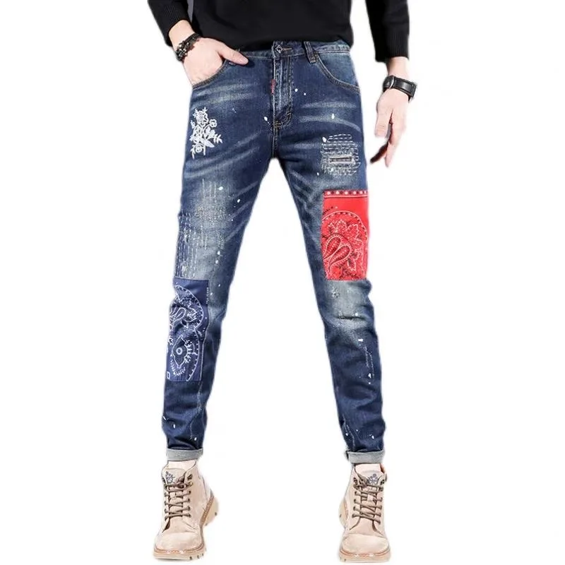 2024 Spring and Autumn New Fashion Print Vintage Hole Small Foot Pants Men's Casual Slim Comfortable Breathable Denim Pants 36