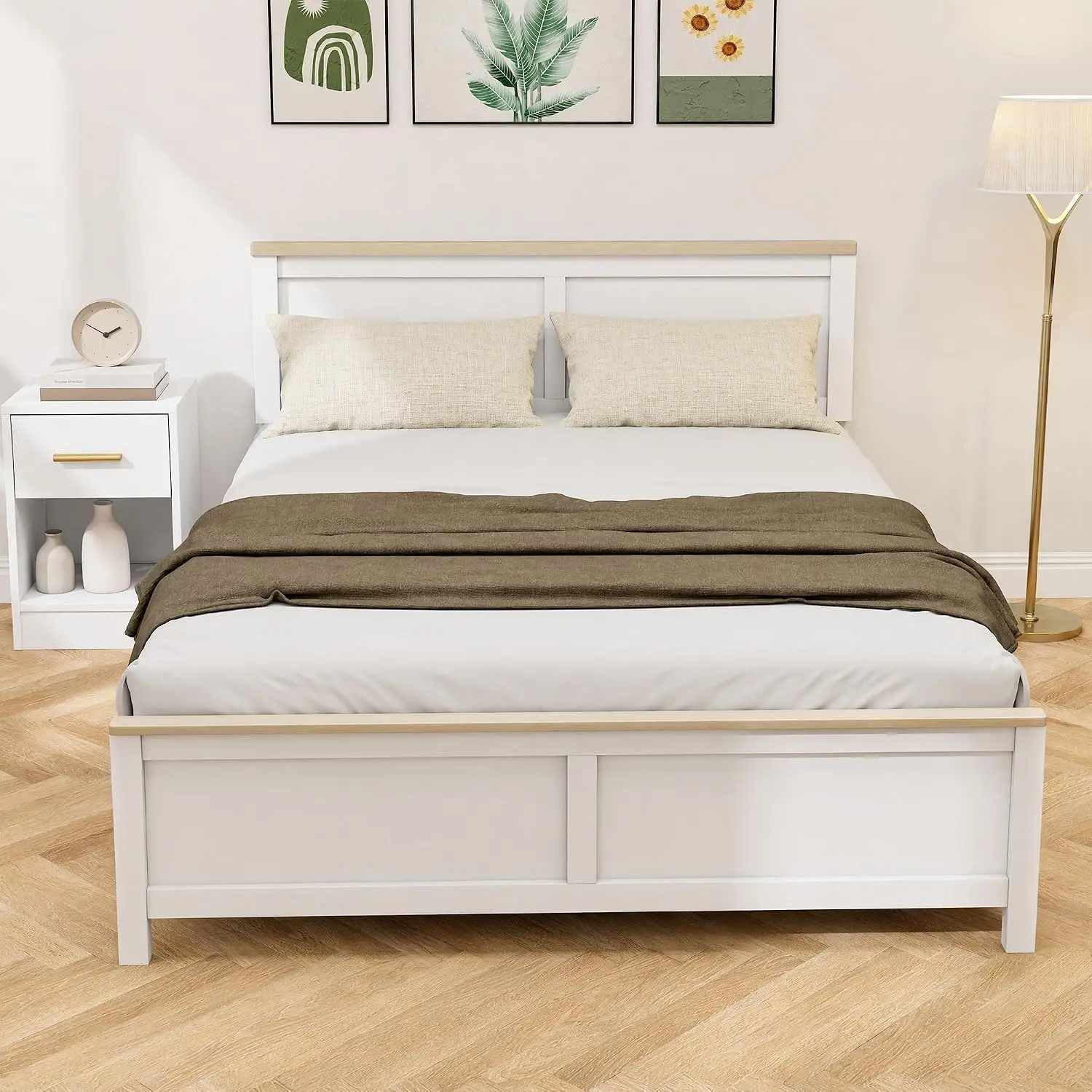 Queen Bed Frame with Headboard & Footboard, Wooden Slats Support, Bedroom Furniture, White, Customized
