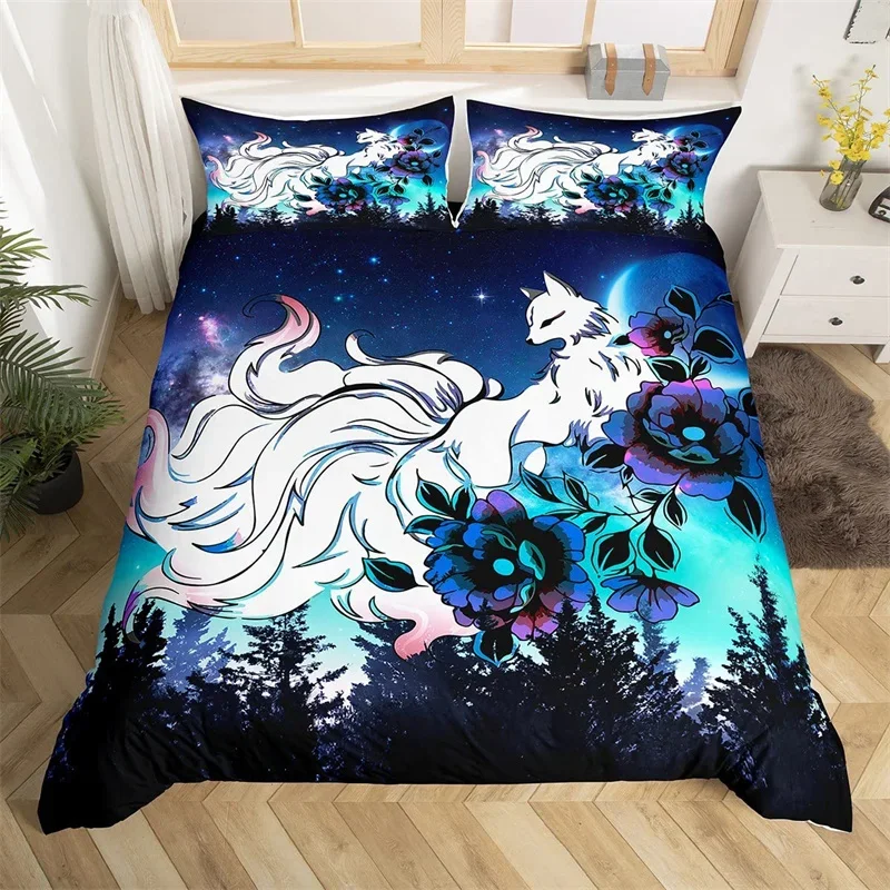 Japanese Ukiyoe Bedding Set White Fox Blossoms Floral Duvet Cover Polyester Galaxy Exotic Animal Comforter Cover Twin Queen Size