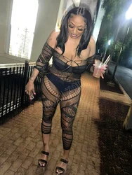 Body Sexy de encaje transparente para mujer, monos de rejilla de manga larga, trajes de salto elásticos para Club nocturno, monos sexys de baile en barra