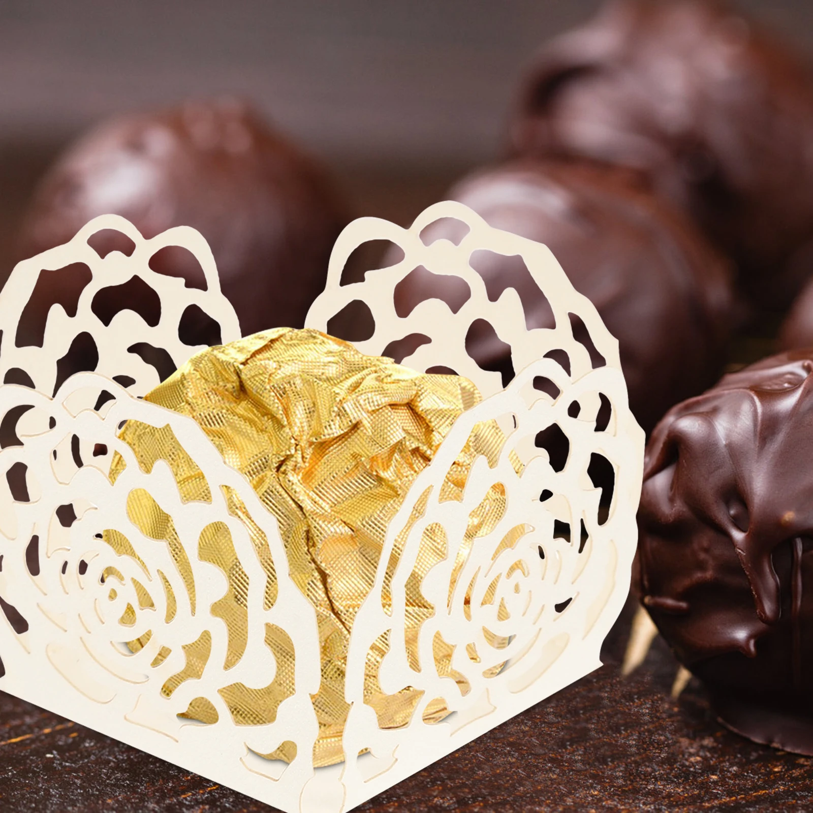 

50pcs Chocolate Cups Tray Ivory Hollow Rose Edges Dessert Packaging Trays Treats Candy Cases Chocolate Candy Cups Wrappers