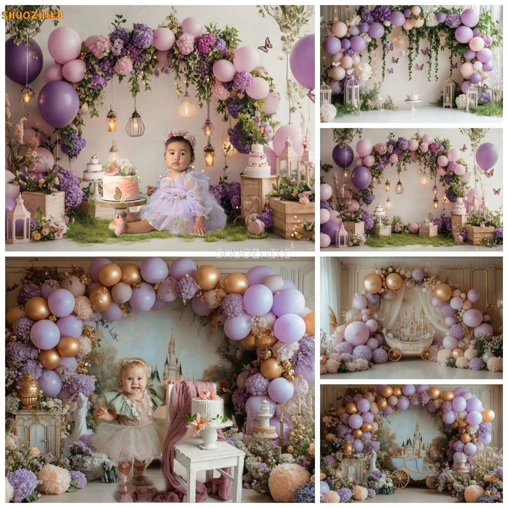 

Newborn Girls 1st Birthday Party Decoration Backdrop Purple Arched Balloons Flowers Princess Portrait Photography Background