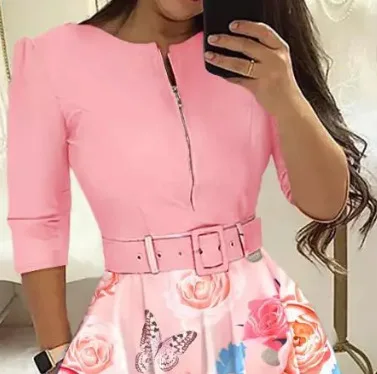 Vestido ajustado para mujer, ropa de calle, otoño e invierno, elegante, con cremallera, medio con pretina, vestidos estampados de manga larga Y2k