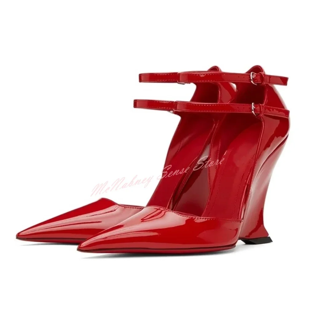 

Wedges Pointed Toe Pumps Women Sexy Shoes Buckles Straps Solid Shiny Leather Designer Pumps Summer Party Fashion Big Size Newest