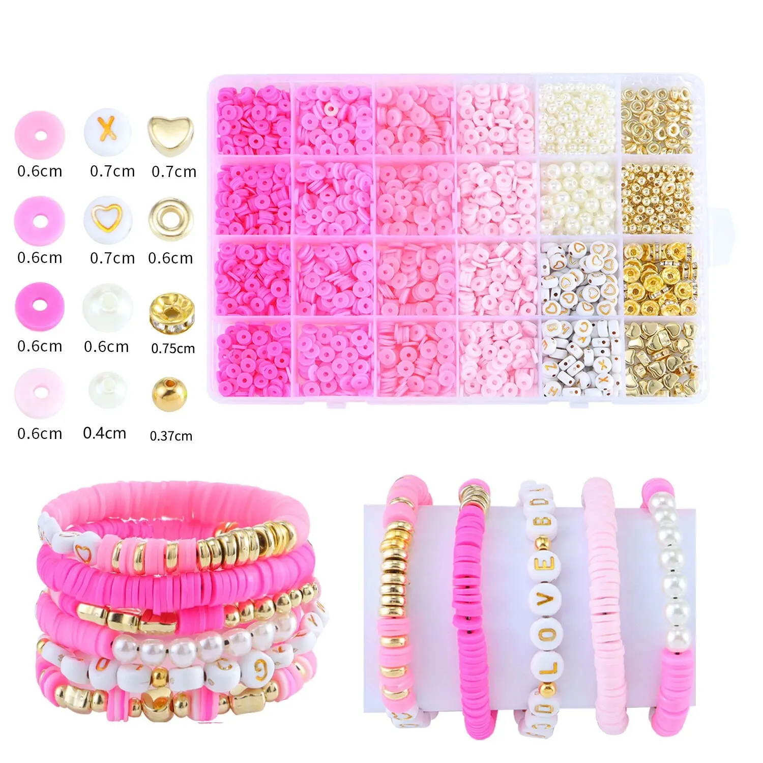 2400pcs/Kit Clay Bead Set Valentine's Day Pink Style For DIY Bracelet Making Kit Pearl Letter Ccb Beads 4 Color Polymer Clay