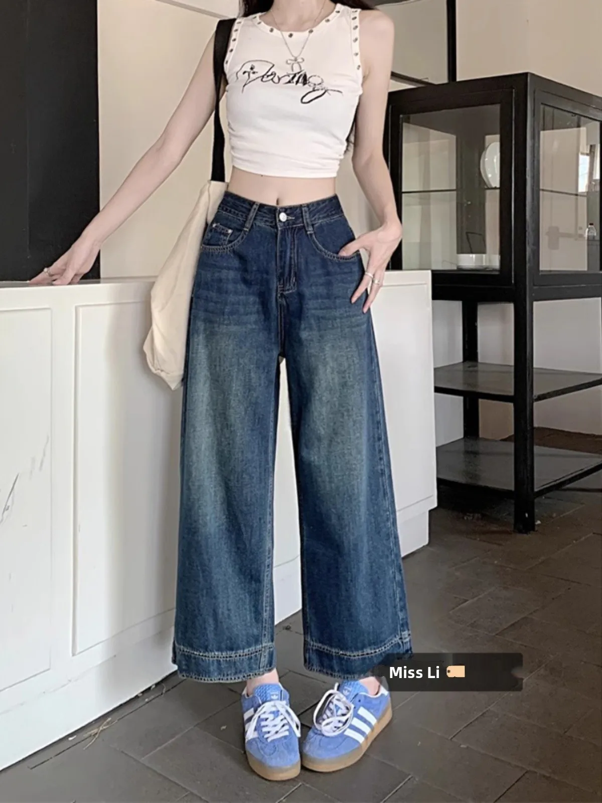 

High Waist Wide Leg Denim Jeans Women Summer New Style Vintage Slimming Loose Drapey Nine Point Trendy INS Blue Casual Pants