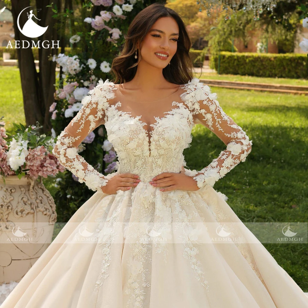 Aedmgh Ball Gown Vintage Wedding Dresses Sweetheart Long Sleeve Robe De Mariee Appliques 3D Flowers Custom Made Bridal Gown
