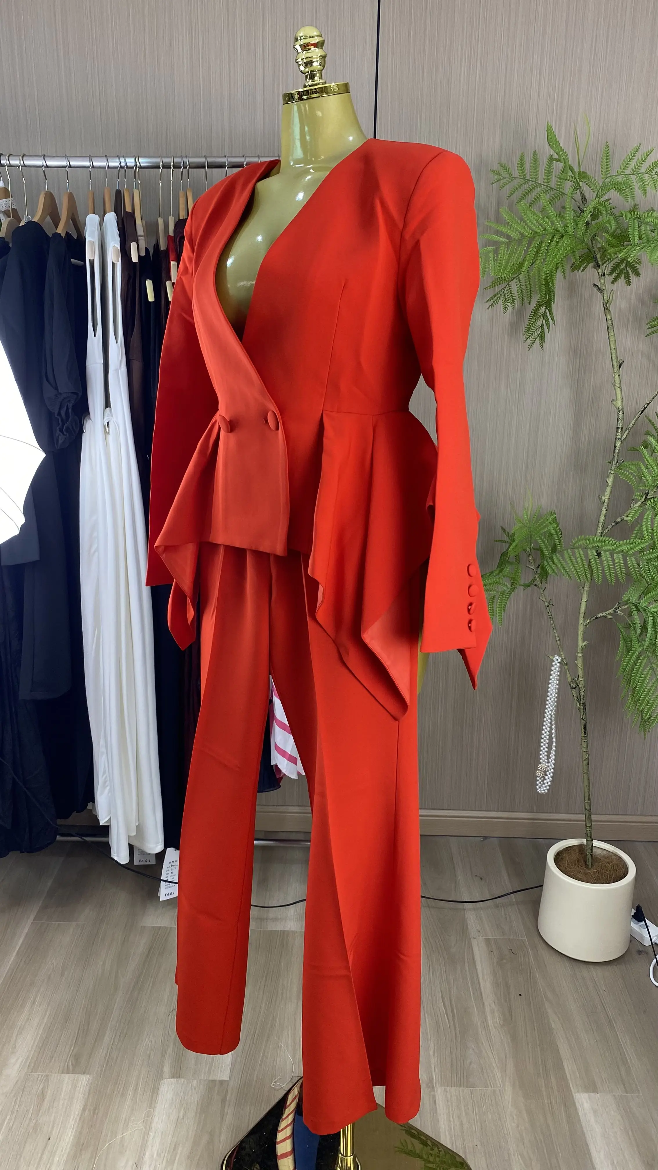 High-quality office fashion suit with ruffles, V-neck long-sleeved flared trousers-GZXX872