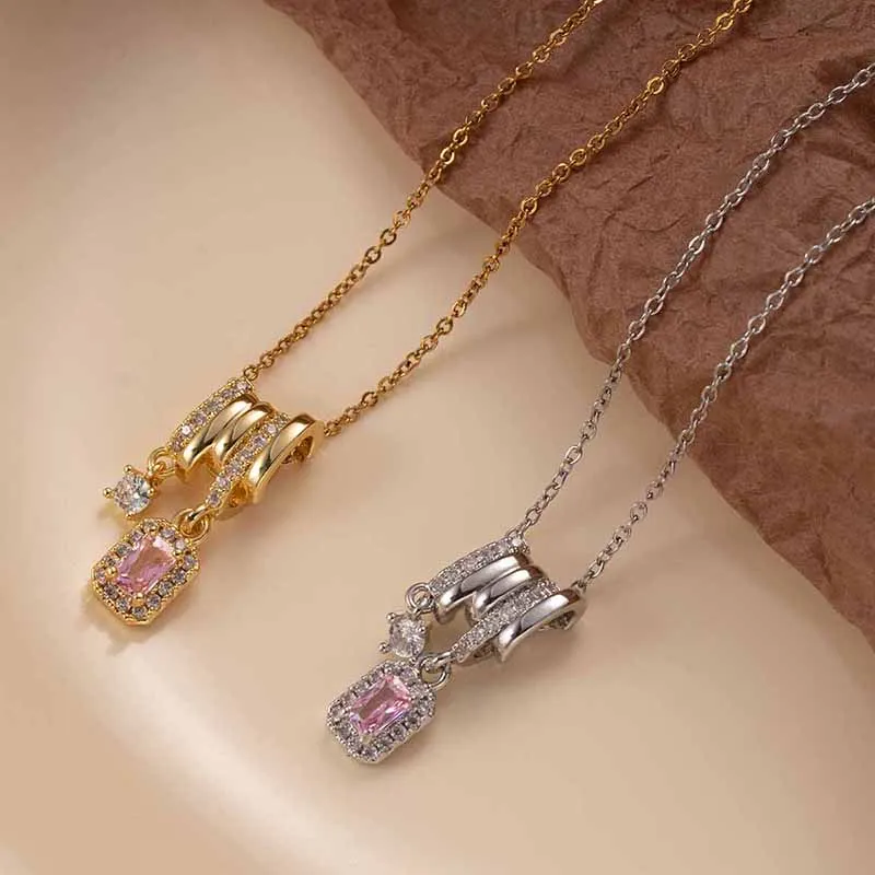 ANENJERY 316L Stainless Steel Shiny Colorful Zircon Pendant Necklace For Women French Romantic Luxury Design Jewelry Wholesale
