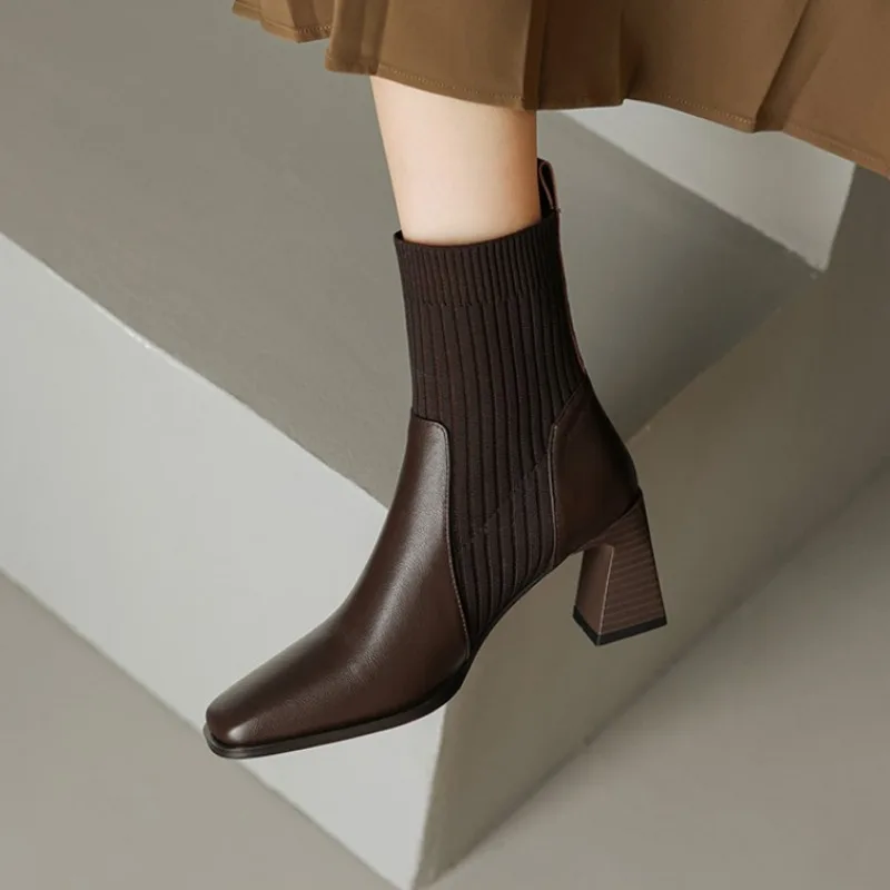 

Square toe socks boots for women 2024 winter new elastic sleeve boots, thick heel 6.5cm high heels, knitted women's short boots