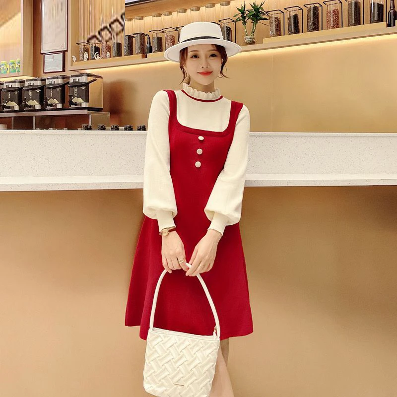 

Women's Patchwork Lantern Sleeve Button A-line Dresses 2023 O-Neck Slim Knitted Dresses Preppy Style Fashion Casual Dresses