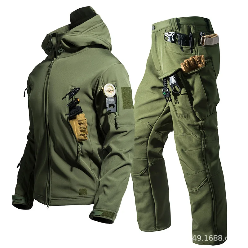 Herren Taktisches Softshell 2-Teiliges Set Kapuzen-Fleecejacke Multi-Taschen-Cargohose Winddichter Militäranzug für Outdoor-Wanderungen und Camping – Detail 7