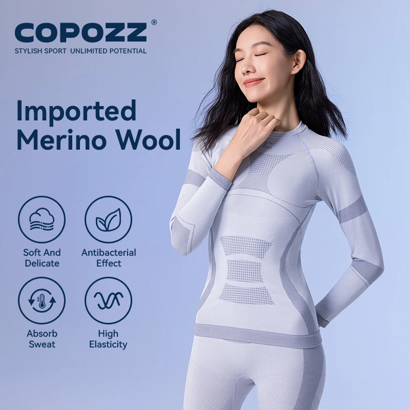 COPOZZ Female Male Merino Wool Ski Thermal Underwear Set Functional Compression Tracksuit Tight Snowboard Tops and Pants Adult