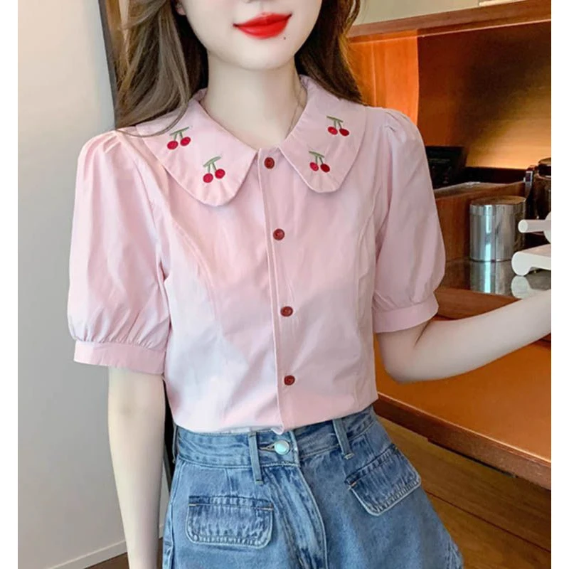 Womens Trendy Vintage Kawaii Embroidery Button Up Shirt Summer Peter Pan Collar Short Sleeve Blouse Female Casual Slim Chic Tops