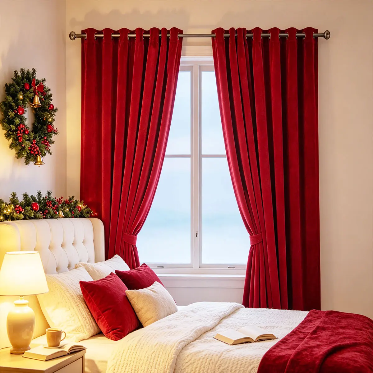 2 Panels Red Velvet Blackout Curtains, Retro Luxury Thermal Insulated Window Drapes for Wedding Bedroom Christmas Living Room