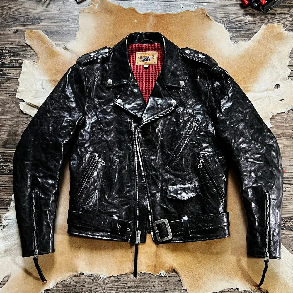 

YR!Free shipping.Classic shiny motorcycle leather jacket.Vintage 613 style tanned cattle coat.Luxury cloth