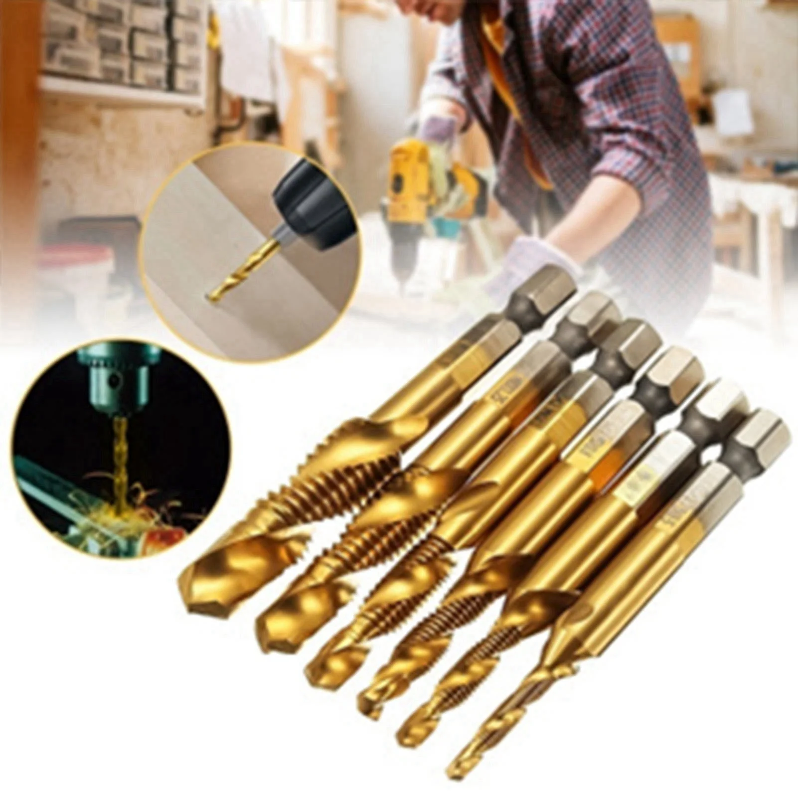 

6pcs Screw Taps Tool Set Metric Thread M3-M10 Titanium Coated HSS Drill and Tap Bits 1/4" Hex Shank Drill and Tap Bit Thread Tap