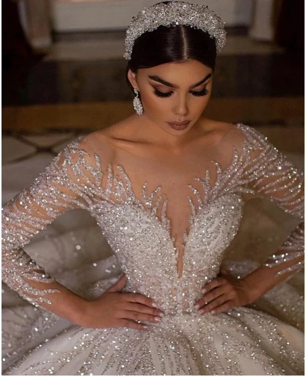 Alonlivn CUSTOM MADE Ball Gown Wedding Dress With Full Sleeve Luxury Satin Embroidery Lace Bridal Gown