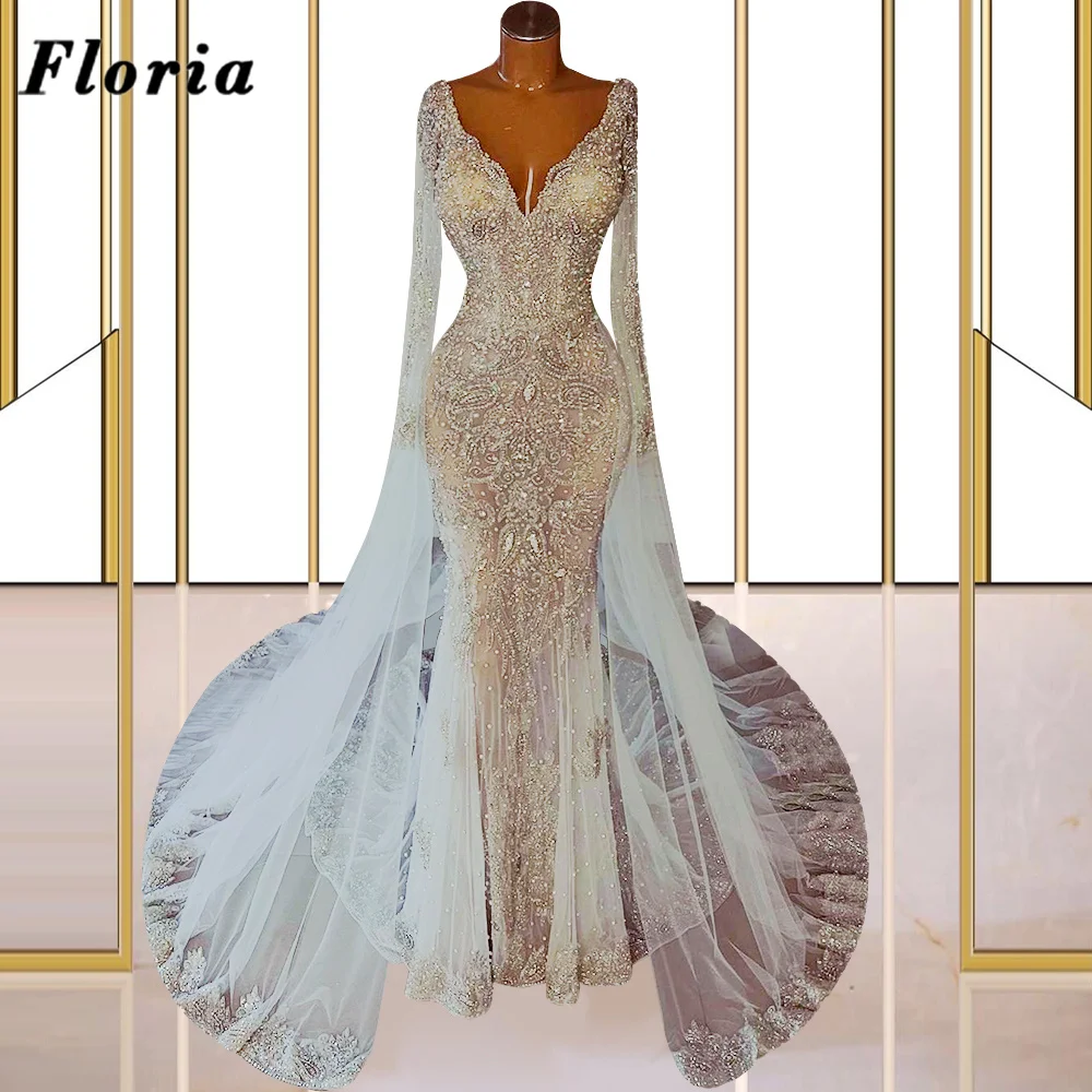 

Floria Luxury Arabic White V Neck Wedding Party Dresses 2023 Newest Dubai Beading Evening Dress Customized Women Prom Dress Robe