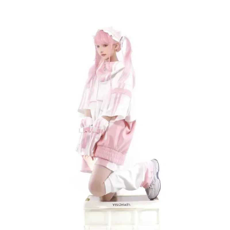 Setelan olahraga lengan pendek milik saya, jaket bertudung dengan ritsleting warna kontrak longgar celana kasual manis dengan Aksesori