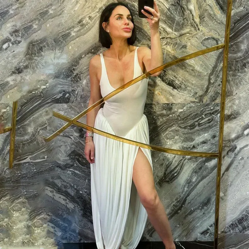 JINIA Ruched Sexy Split Backless Draped Maxi Dress Birthday Club Outfits Elegant Sleeveless Summer U Neck Dresses Robes