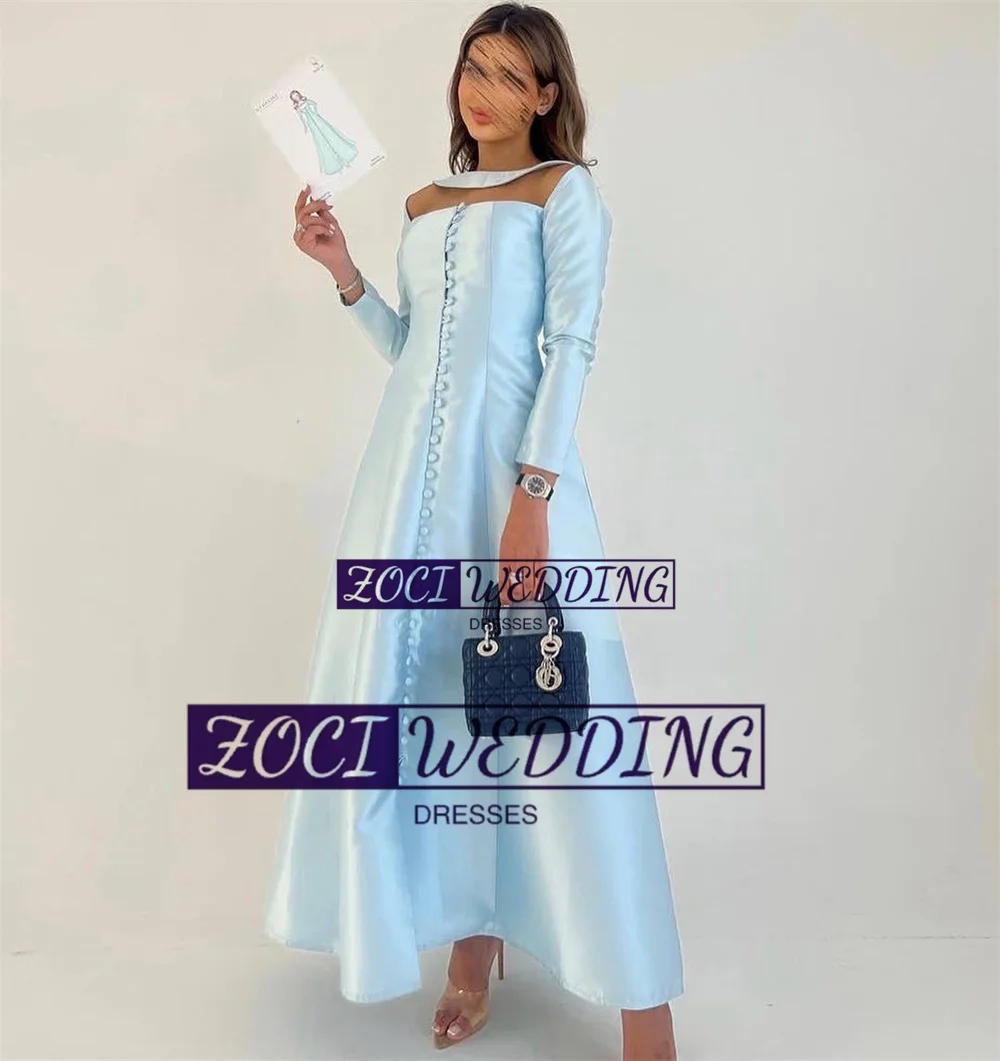 Zoci Light Blue Satin A Line Prom Dresses Customized Long Sleeve Button Formal Party Women Prom Gown Ankle Length Birthday Dress