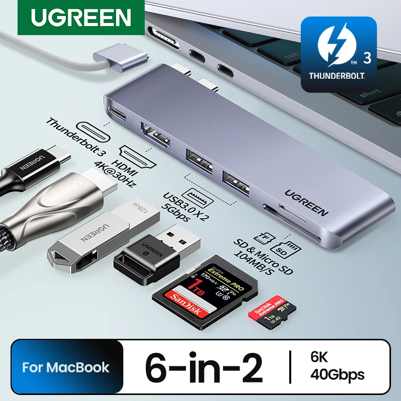 UGREEN 맥북 프로 에어 도킹 스테이션 USB-C 분배기용 USB-C 허브, C타입-썬더볼트 3 4K HDMI SD 및 TF USB3.0 어댑터, 6 인 2