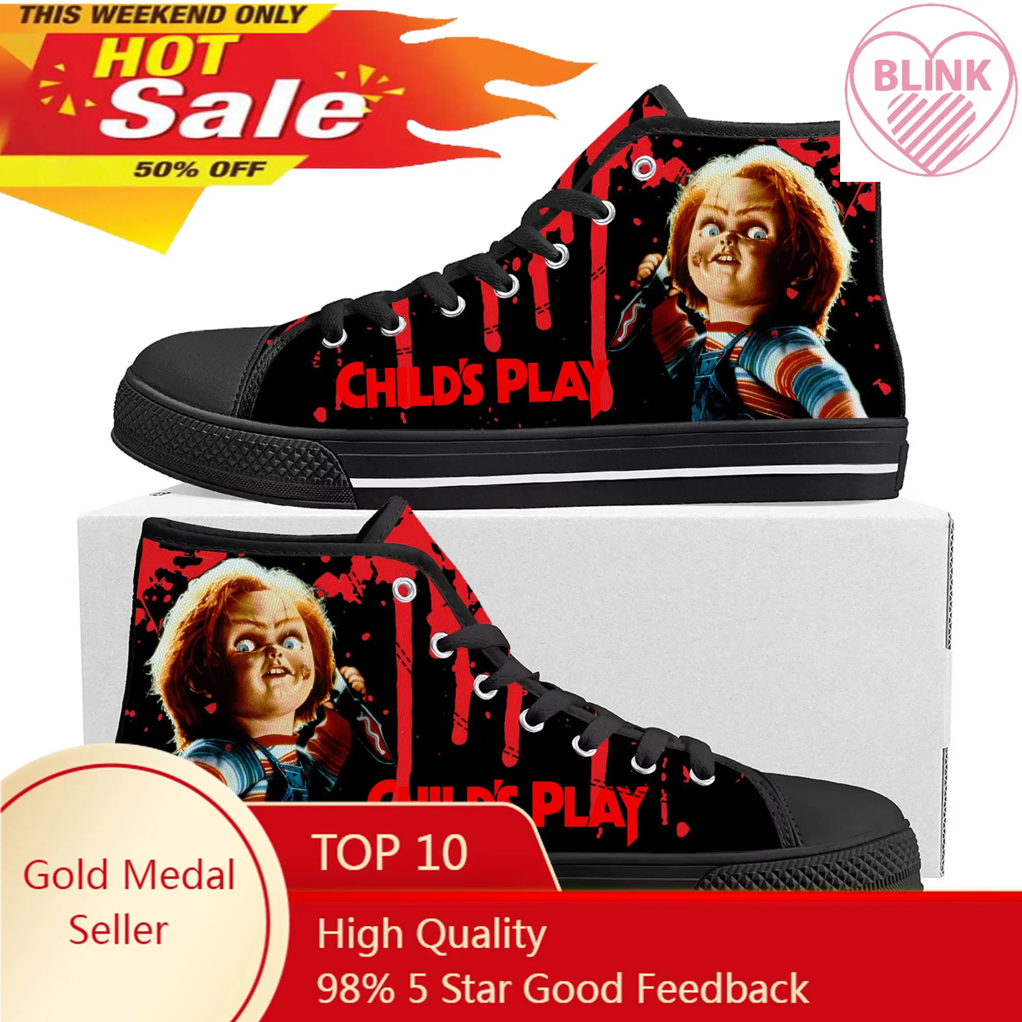 Horror Movie Childs Play Chucky High Top High Quality Sneakers Men Women Teenager Canvas Sneaker Casual Couple Shoes Custom Shoe