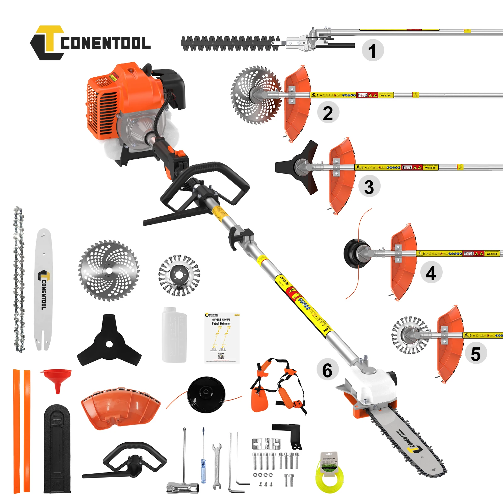 CONENTOOL 52CC 6-en-1 Débroussailleuse à essence, Tondeuse à gazon, Taille-haie, Tronçonneuse, Outil de jardinage multifonction 2 temps
