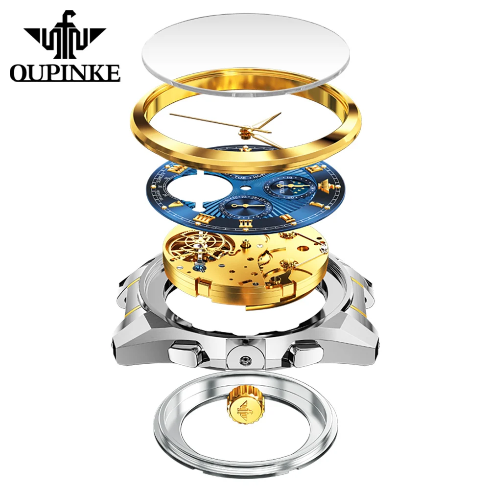 OUPINKE 3322 Stainless Steel Watch Moon Phase With Day Calendar Tourbillon Movement Men's Mechanical Watch