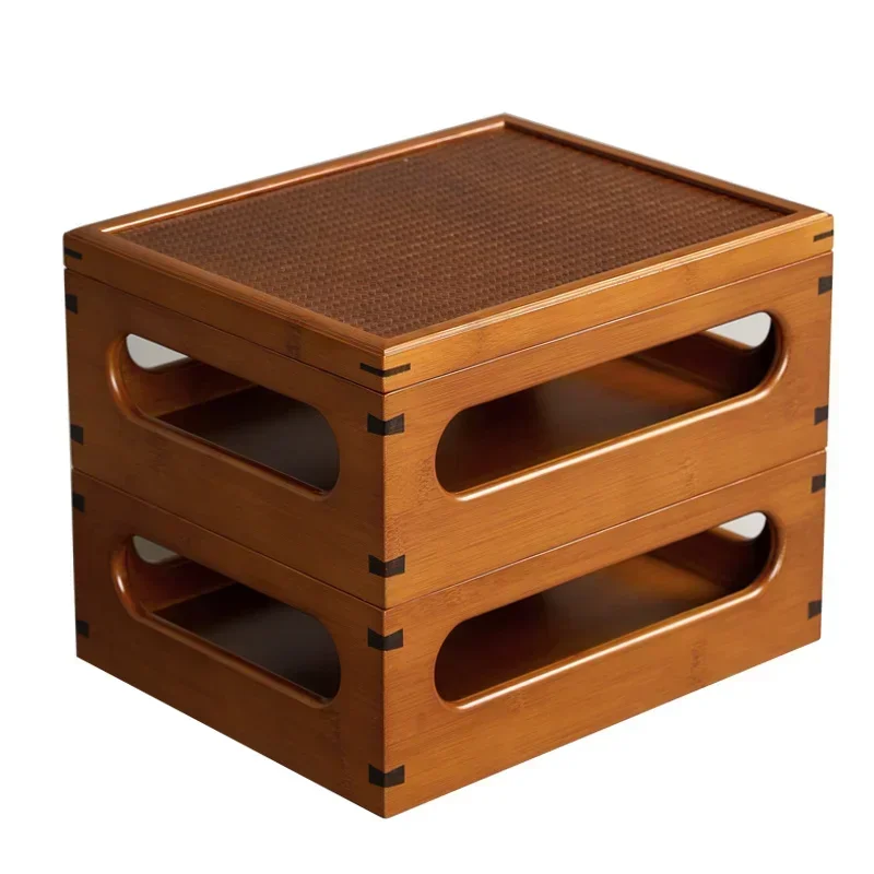 Bamboo  Kitchen Storage Tight Connection Tea Set Storage Box Stackable Desktop Tea Shed Chinese Style